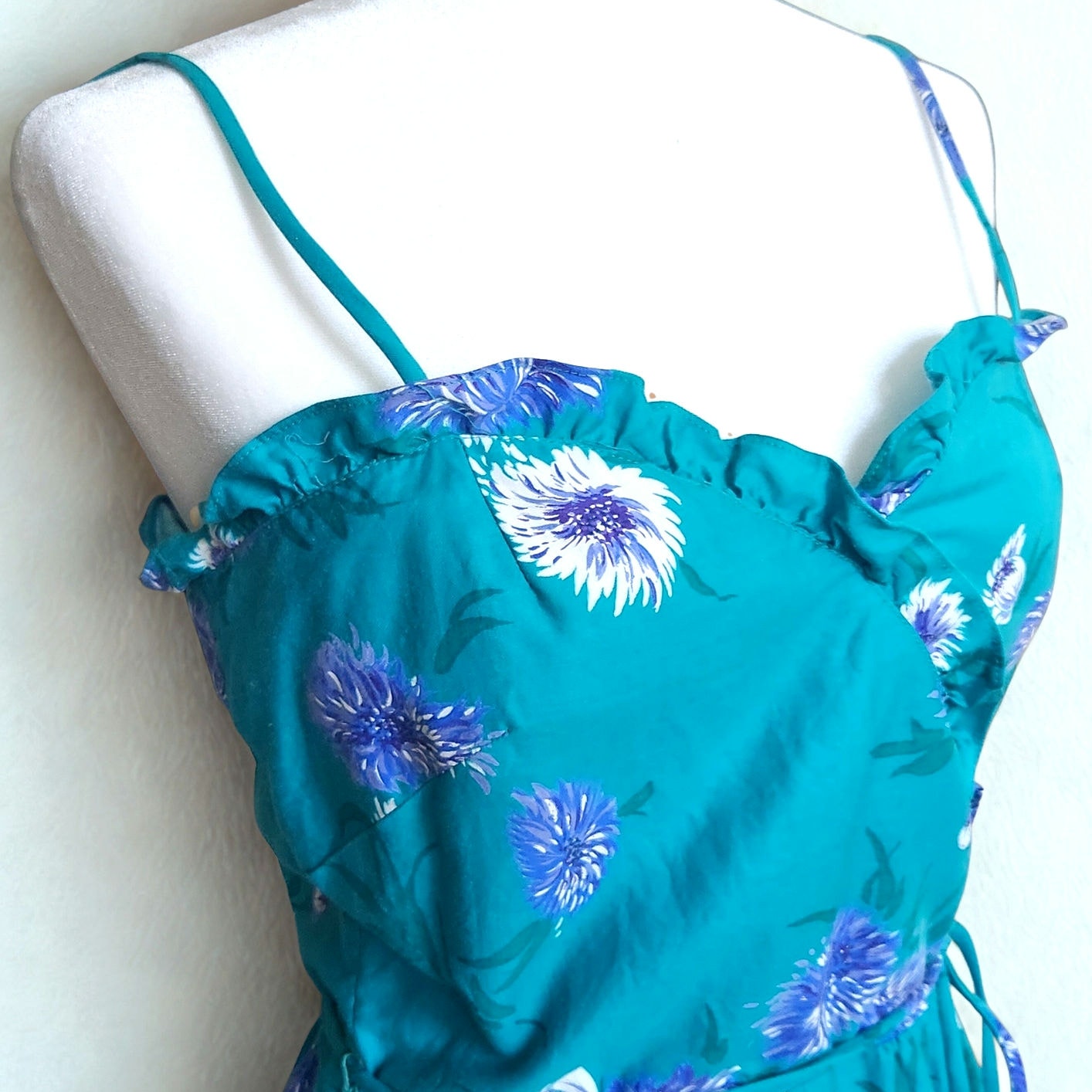 1970s Malia of Honolulu Teal Floral Sundress | Women's 6-8