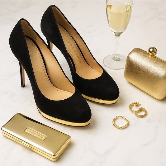 Charlotte Olympia Black Suede & Gold Debbie Pumps Women's 39 / 8.5