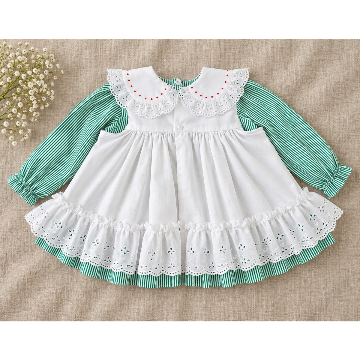 1980s Baby Togs Green Stripe Eyelet Pinafore Dress | Girls 12M