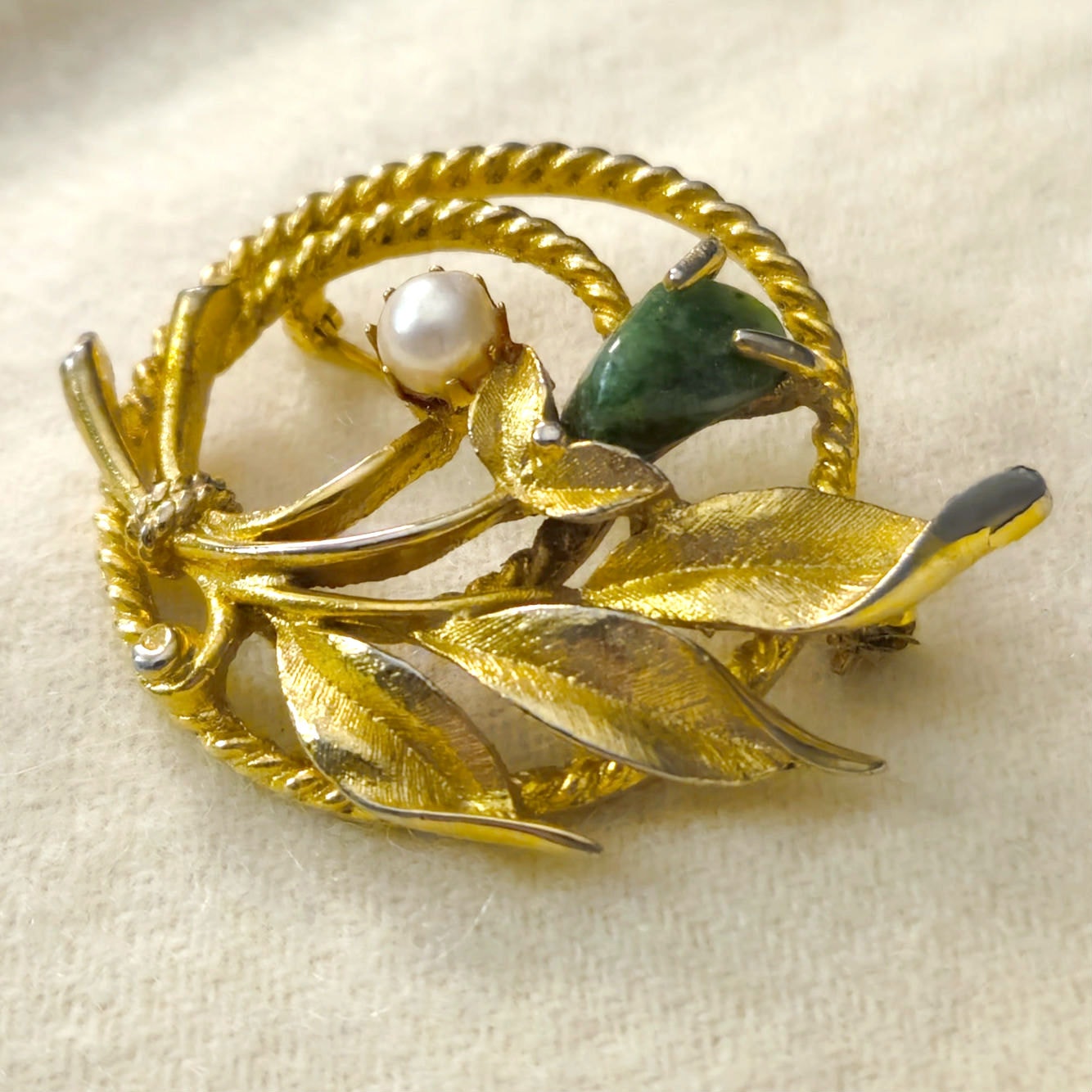 1960s Gold Leaf Brooch with Pearl & Green Stone
