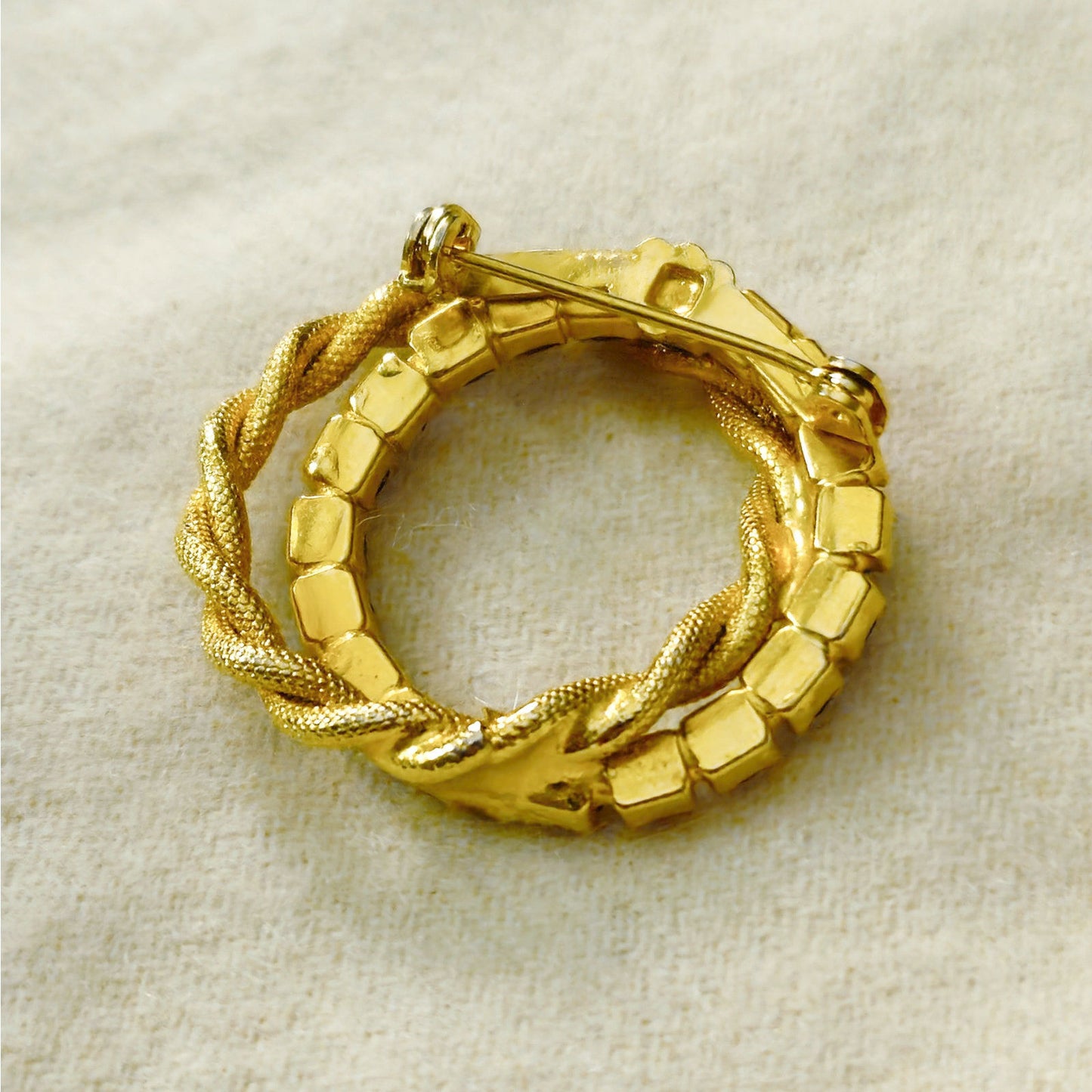 Vintage Red Rhinestone and Gold Tone Wreath Brooch |  Mid Century Circle Pin