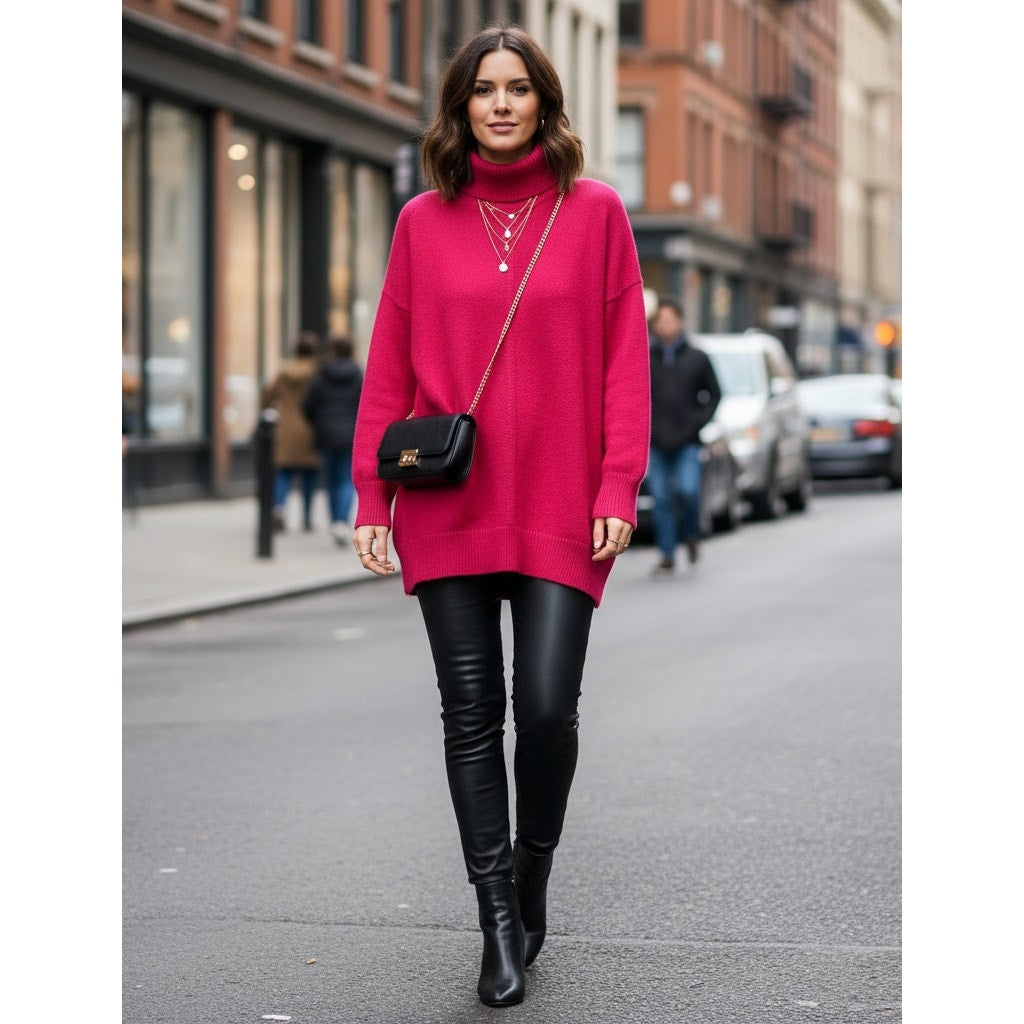 Raspberry Pink Crystal Mock Neck Pullover Sweater | Women's M
