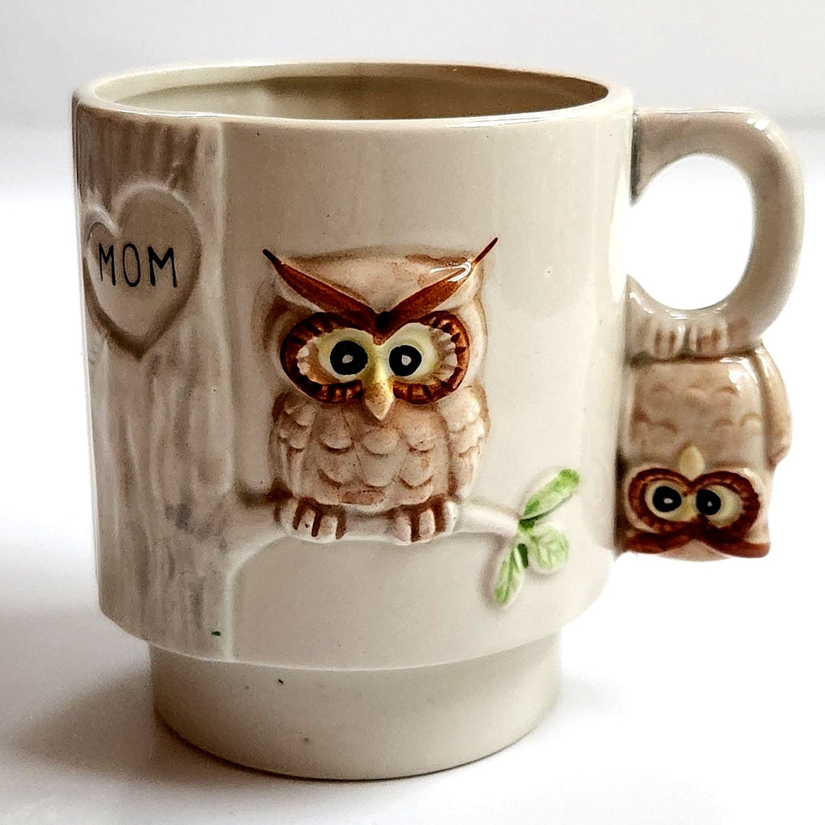 Vintage Enesco Owl Mom Stacking Mug | 1970s Ceramic Coffee Cup Mother's Day Gift