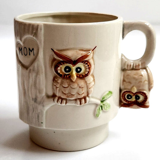 Vintage Enesco Owl Mom Stacking Mug | 1970s Ceramic Coffee Cup Mother's Day Gift