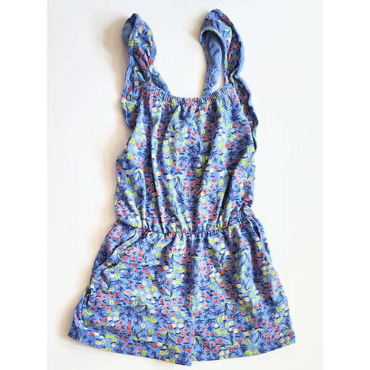 Tea Collection Girls Blue Cotton Floral Ruffle Strap Romper Jumper | Size 5