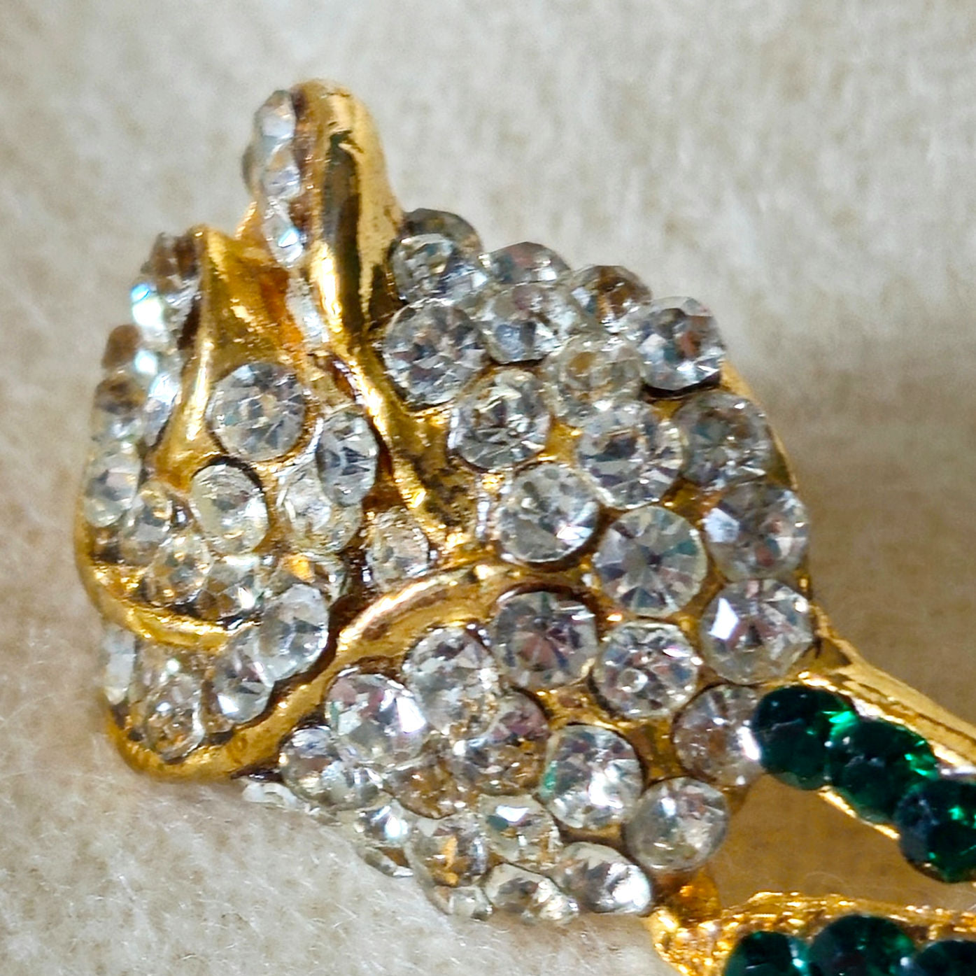 Vintage Jonette JJ Rose Brooch | 1980s Gold Tone Emerald Rhinestone Flower Pin