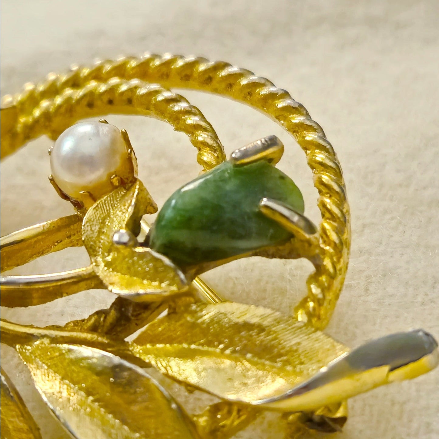1960s Gold Leaf Brooch with Pearl & Green Stone