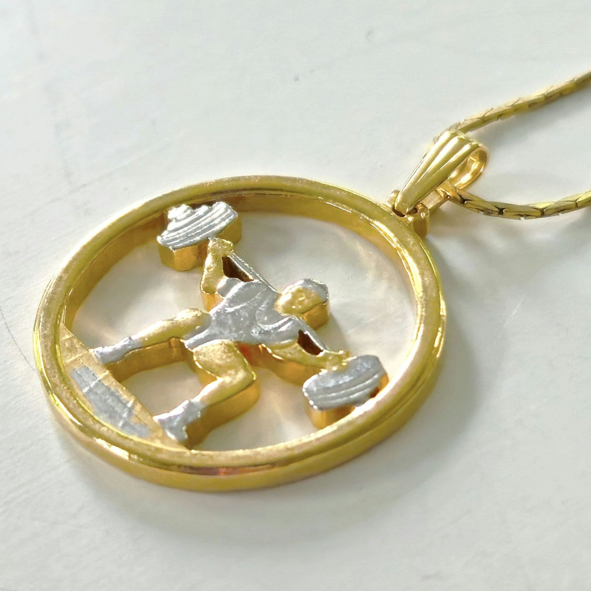 Vintage Minimalist Weightlifter Pendant Necklace | 1980s Gold Luxury Fitness