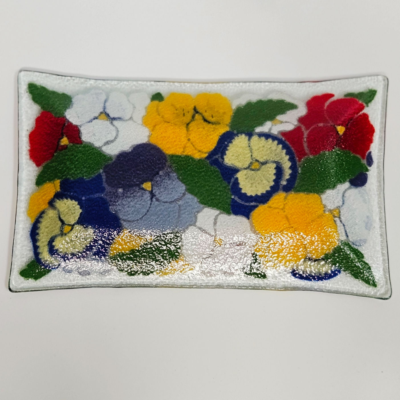 1990s Peggy Karr Pansies Fused Art Glass Rectangular Tray Trinket Dish