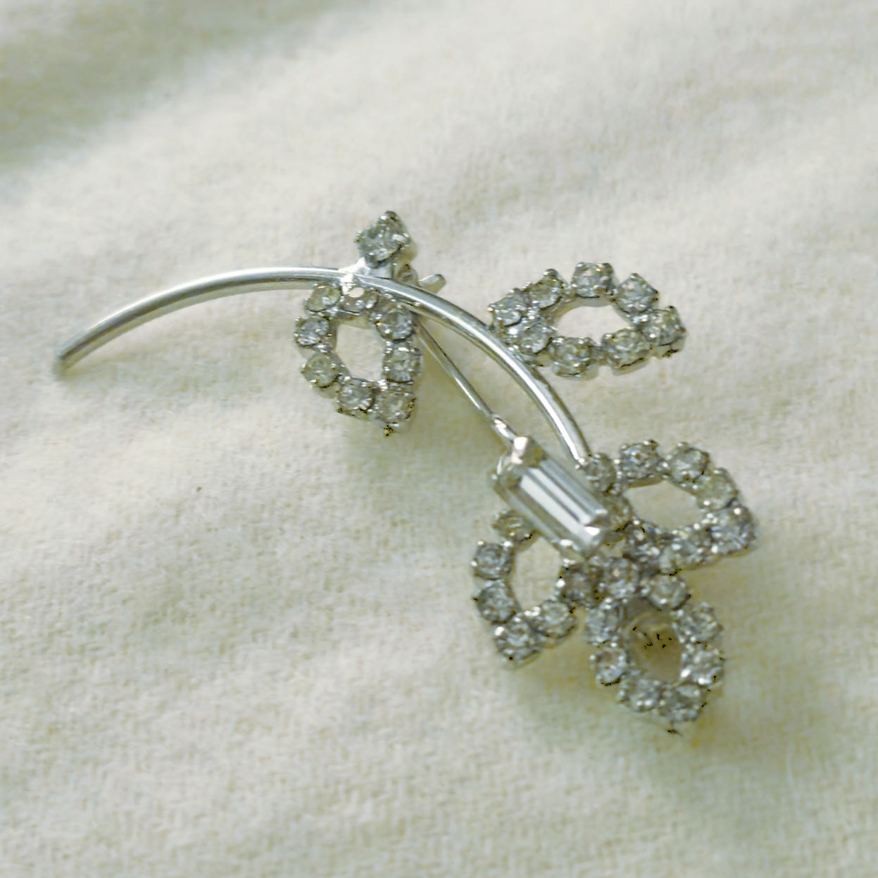 Vintage Silver Rhinestone Floral Brooch | Mid-Century Bridal Accent Pin