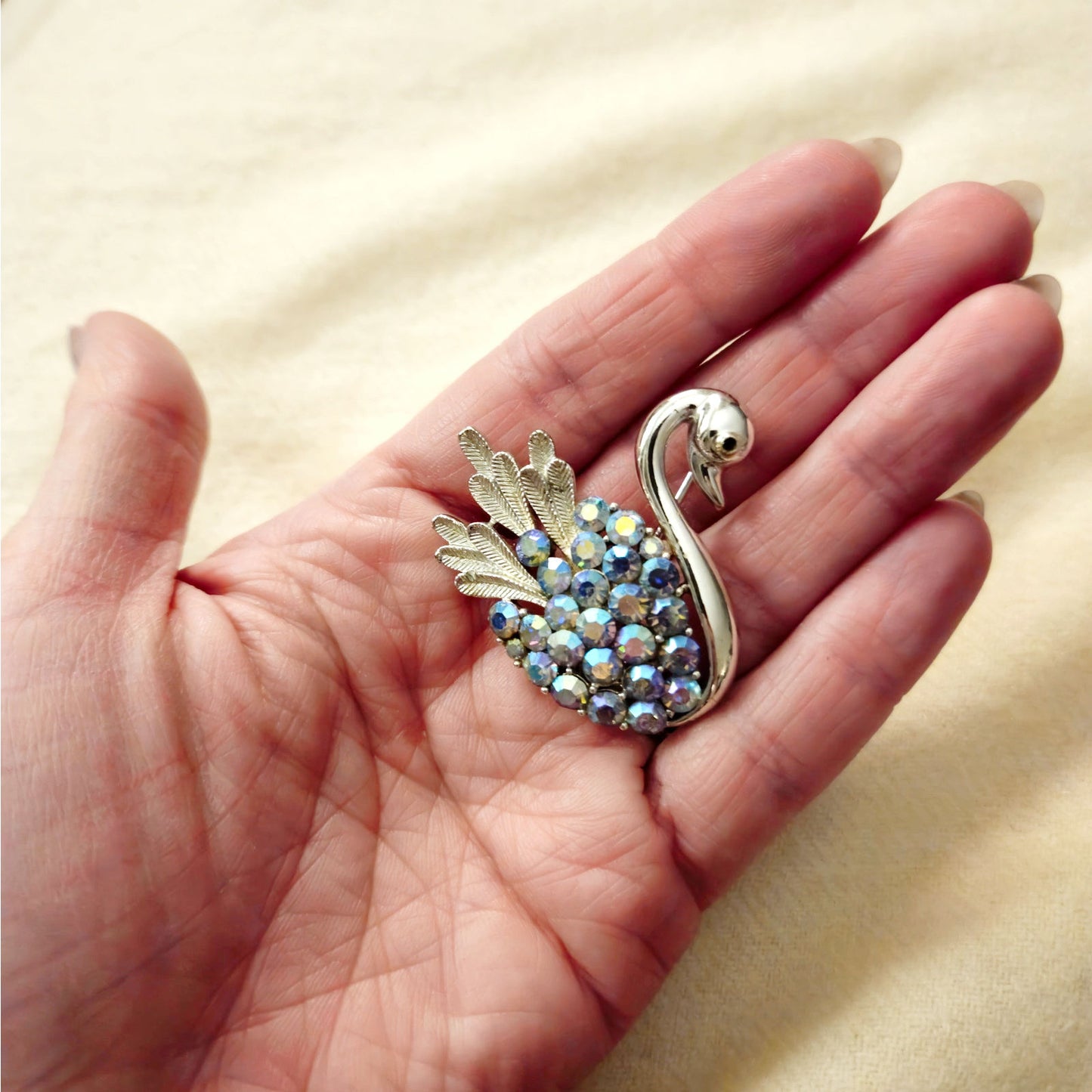 Vintage Aurora Borealis Swan Brooch | Silver Tone Mid Century Jewelry
