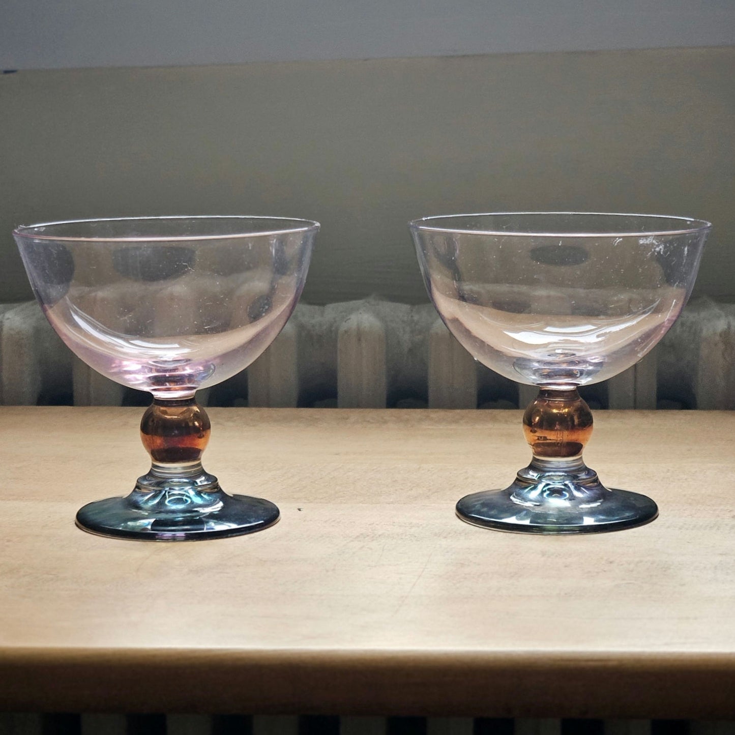 Vintage MCM Blush & Smoke Art Deco Glass Cocktail Coupes – Set of 2 Rose Copper Teal