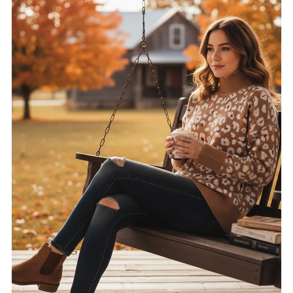 Leopard Print Mock Neck Sweater with Metallic Accents | Women's M