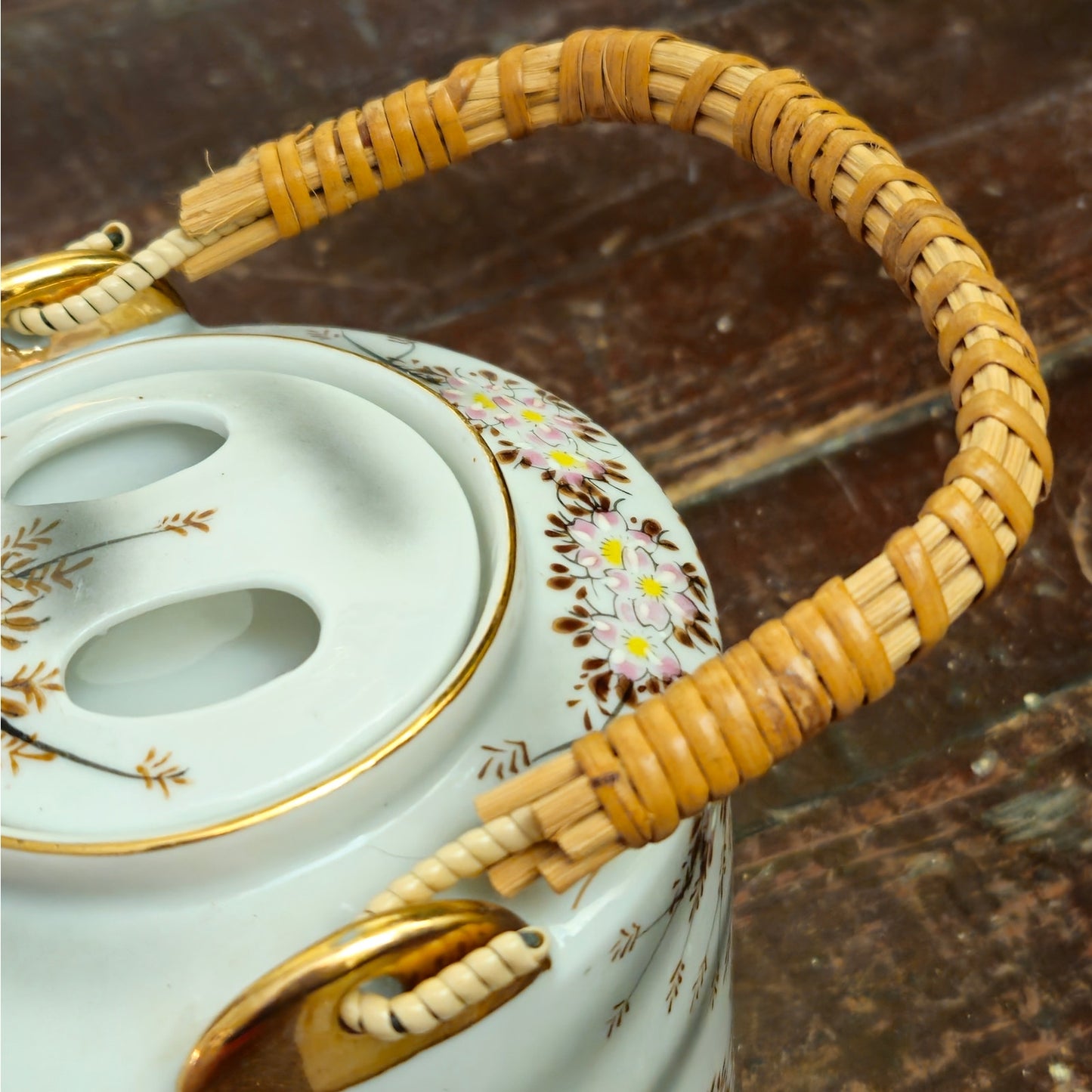 Mid-Century Japanese Cherry Blossom Porcelain Teapot with Rattan Handle | Vintage 1950s