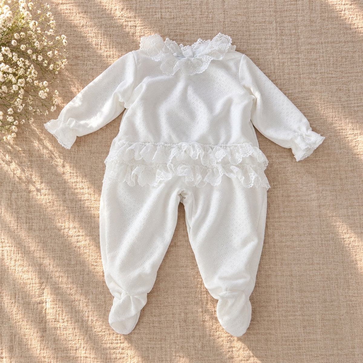 Vintage BabyGro White Lace Footed Romper | 6-9M | 1980s Christmas Outfit