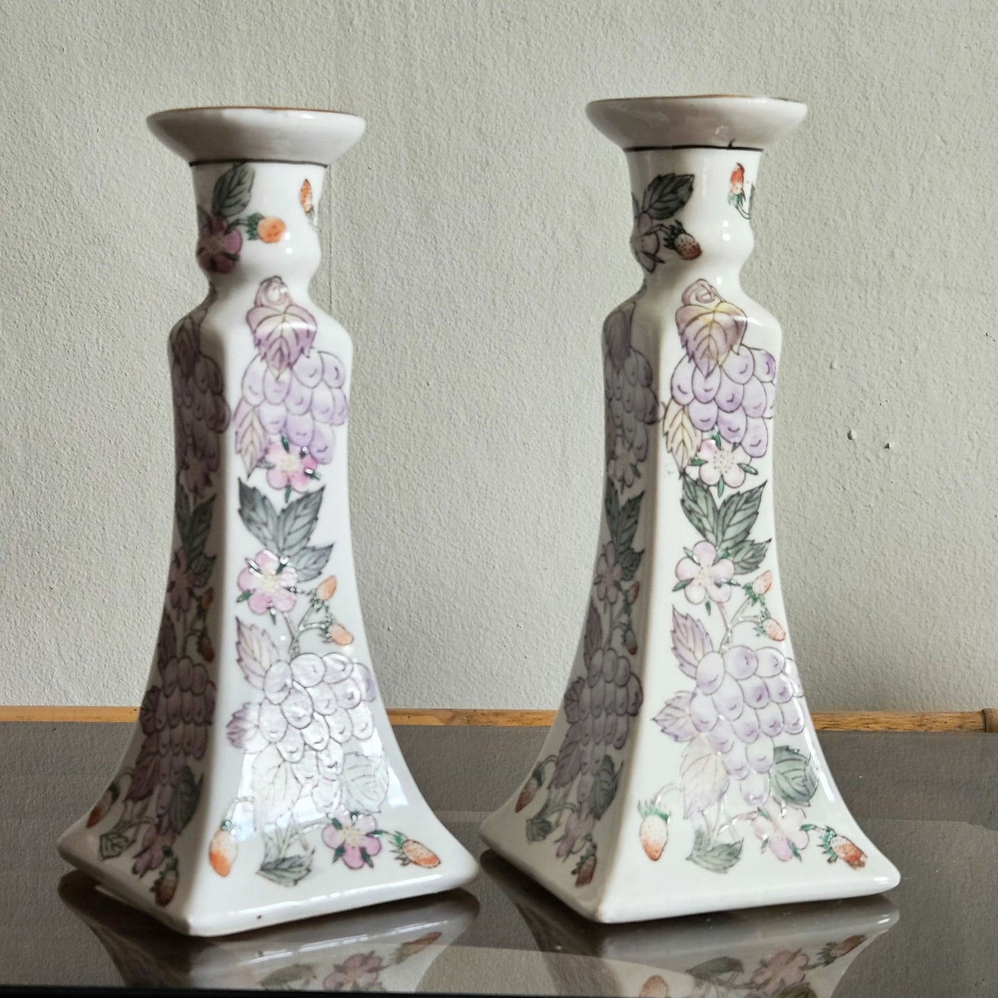 1980s Pair of Grapes & Strawberries Candlestick Holders