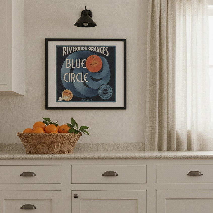 Vintage Riverside Oranges Blue Circle Print | MCM California Citrus Crate Label