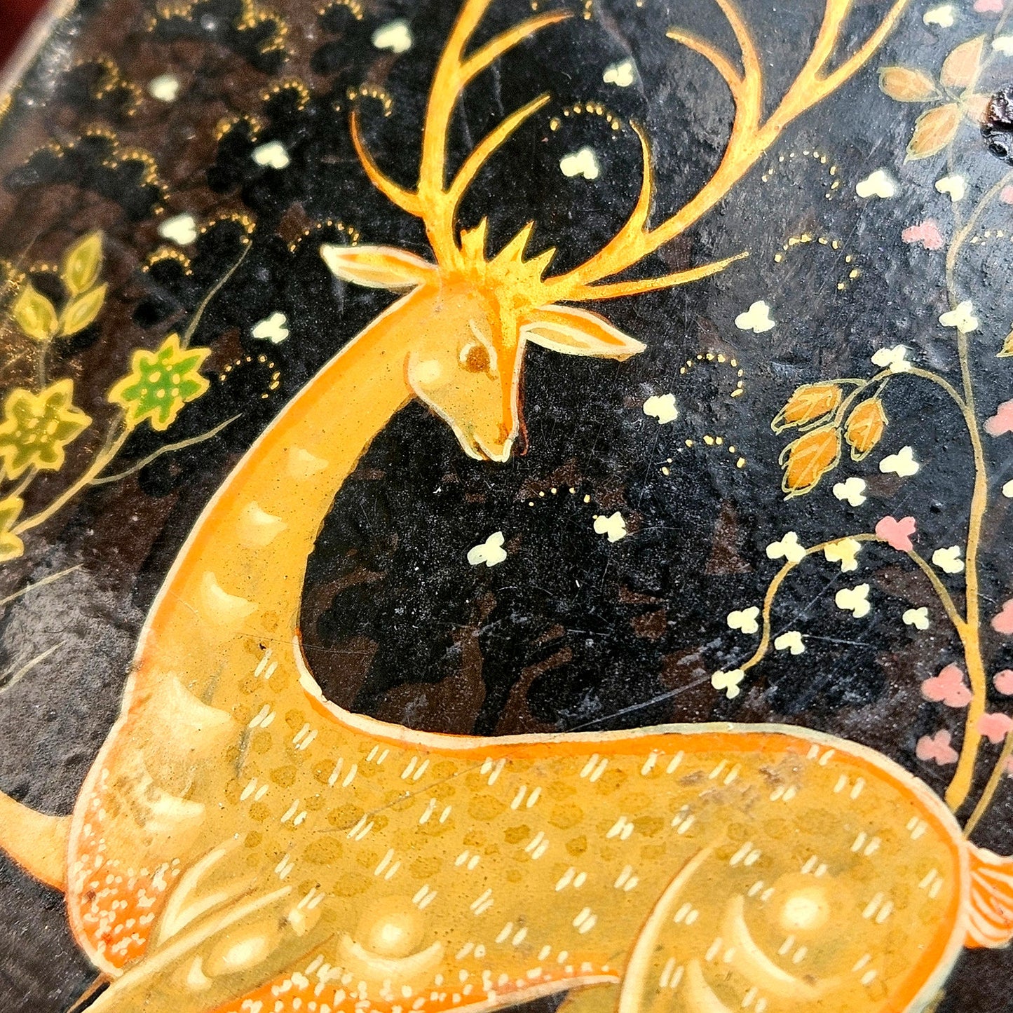 Kholuy Russian Lacquer Miniature Box | Signed & Hand Painted Deer Lan Scene