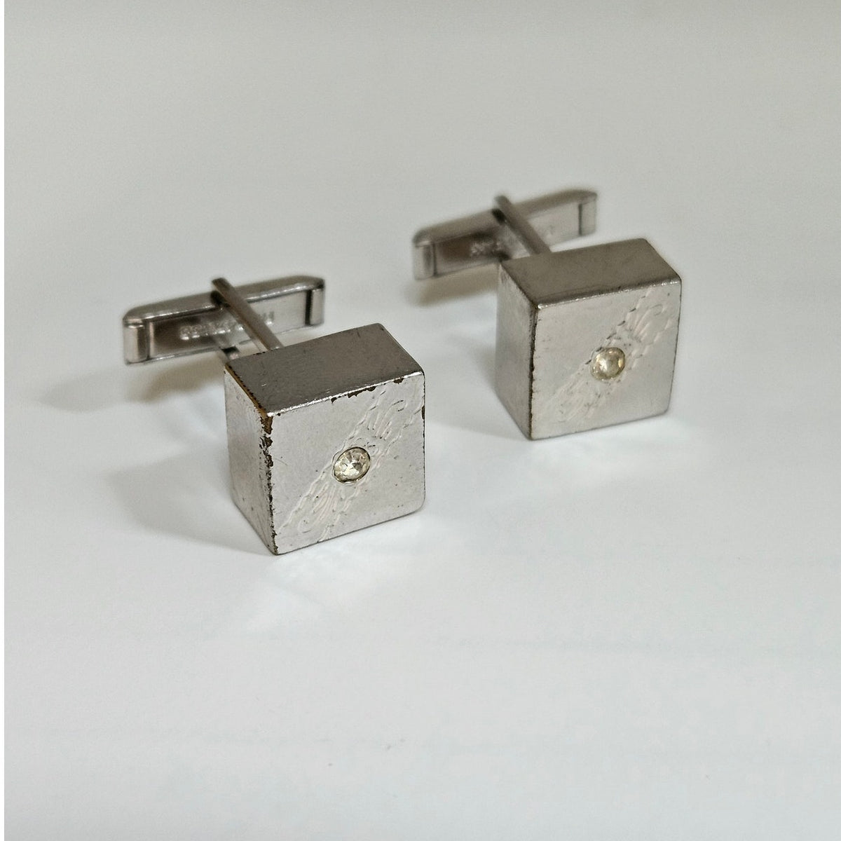 MCM Silver Tone & Rhinestone Cube Cufflinks