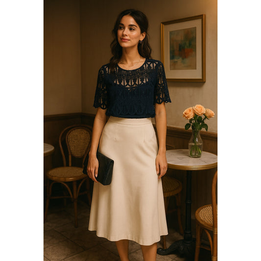 Anthropologie En Elle Marka Lace Scallop Hem Navy Blue Blouse | Women's 10 NWT