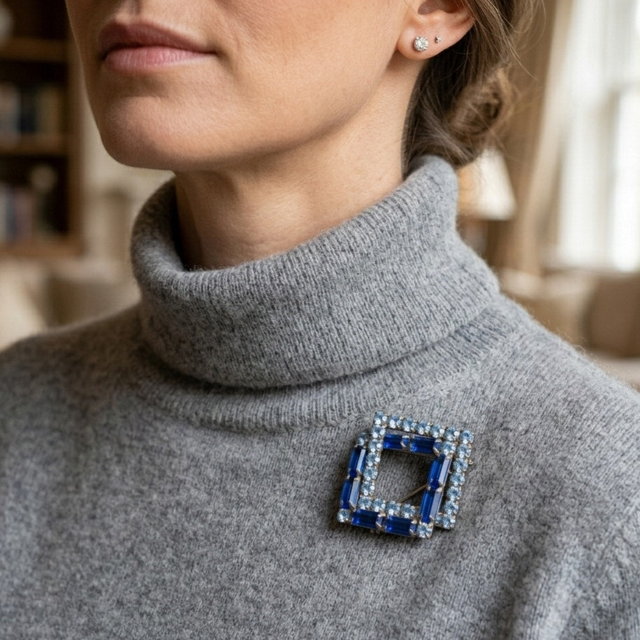 MCM Art Deco Square Blue Rhinestone Brooch
