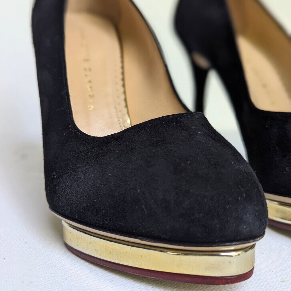 Charlotte Olympia Black Suede & Gold Debbie Pumps Women's 39 / 8.5