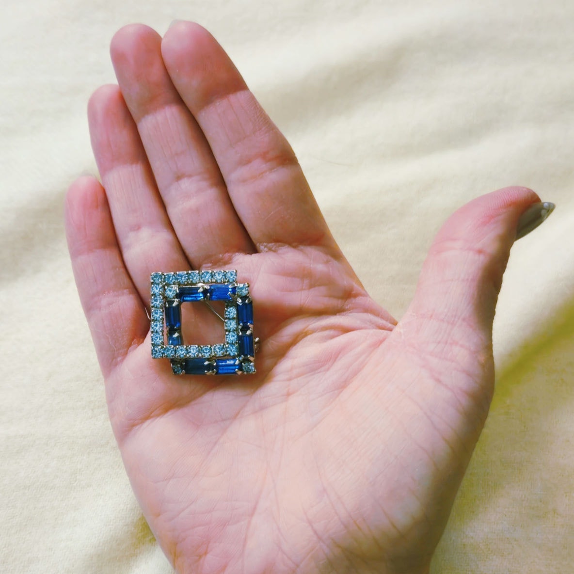 MCM Art Deco Square Blue Rhinestone Brooch