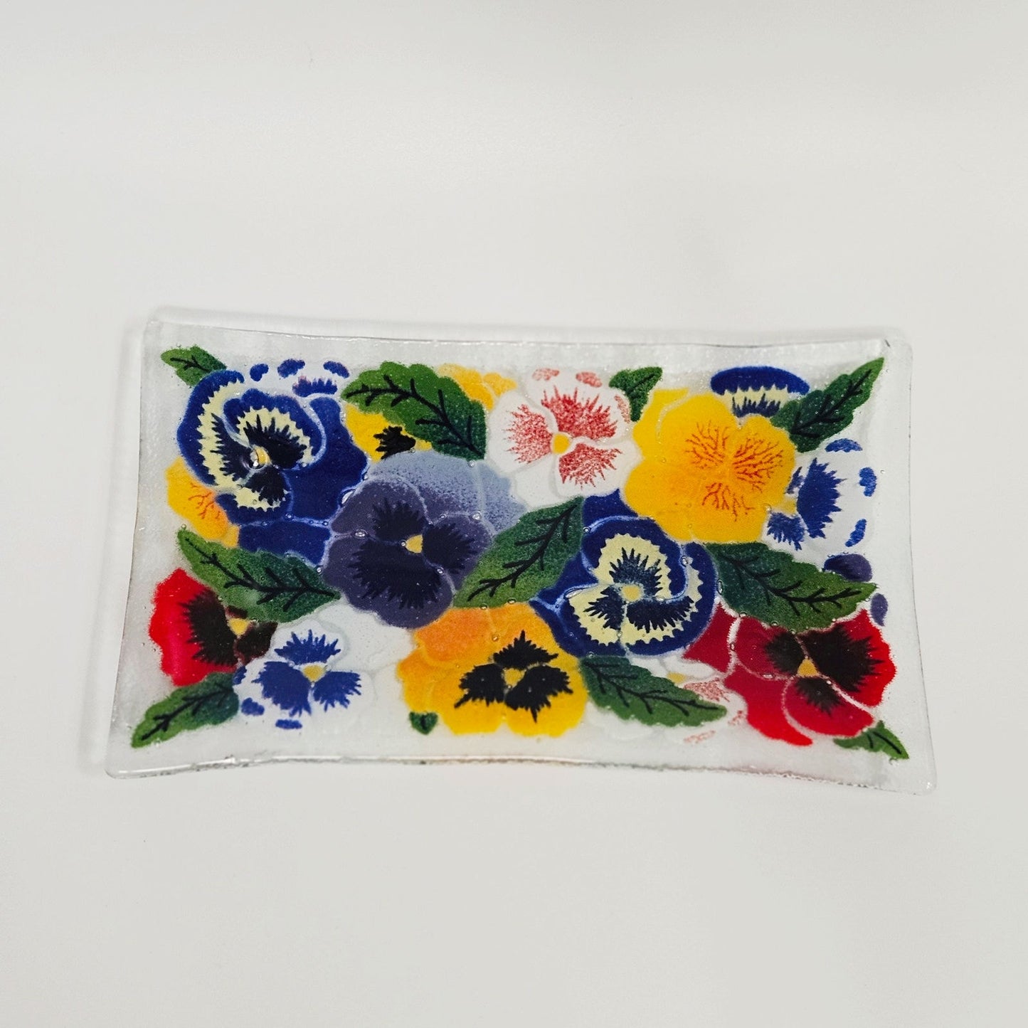 1990s Peggy Karr Pansies Fused Art Glass Rectangular Tray Trinket Dish