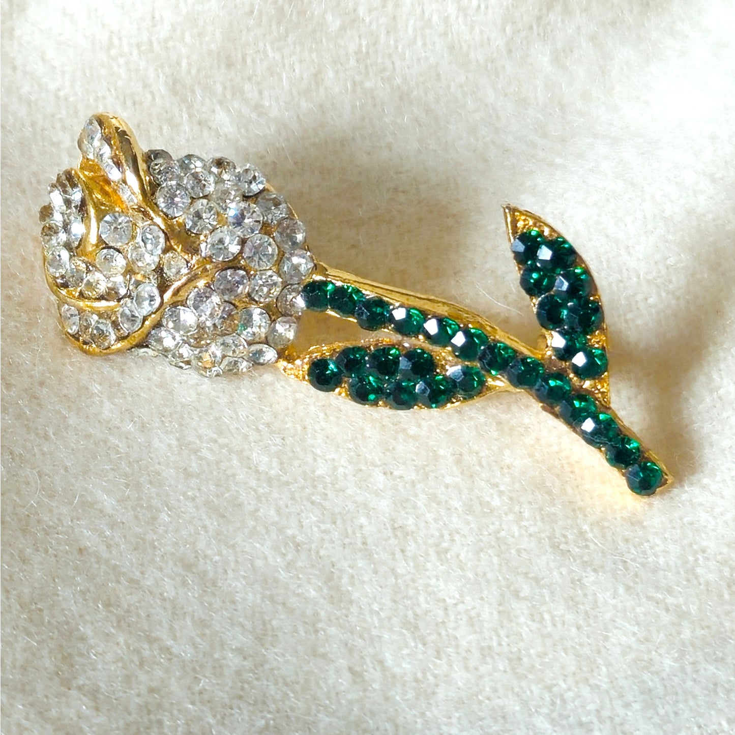Vintage Jonette JJ Rose Brooch | 1980s Gold Tone Emerald Rhinestone Flower Pin
