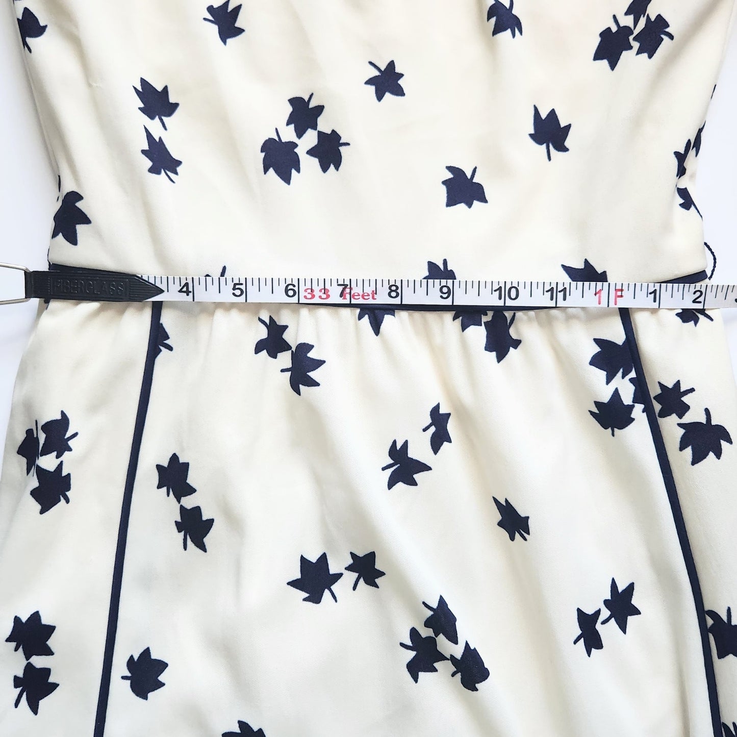 Vintage 1970s Cream & Navy Long Sleeve Maple Leaf Print Midi Dress | Women's 4