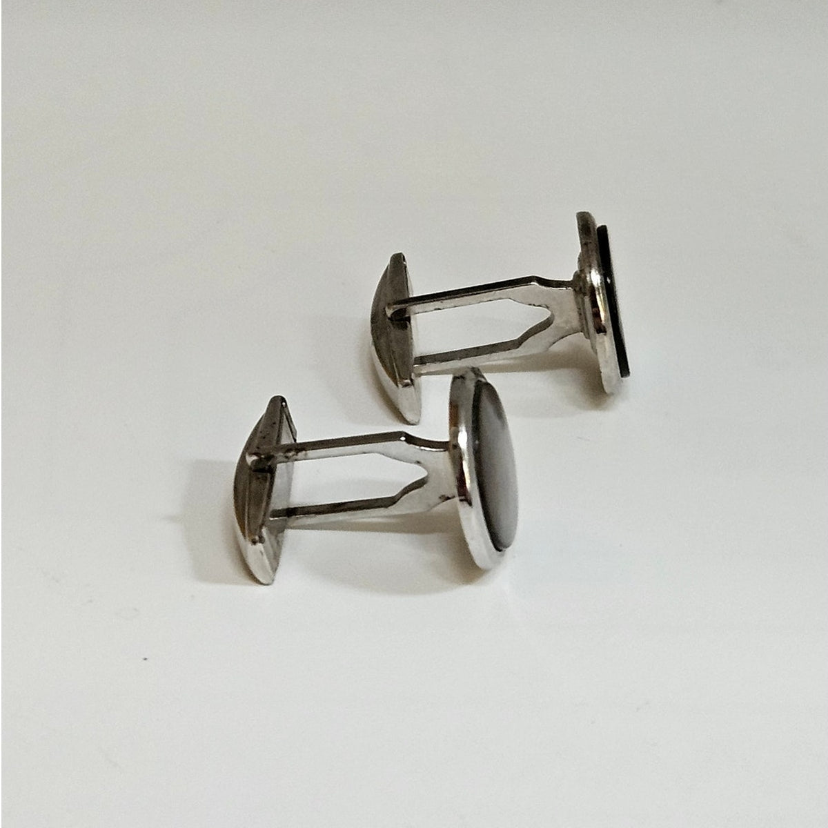 Vintage MCM Gray Mother of Pearl Cufflinks | Silver Tone Round Quiet Luxury
