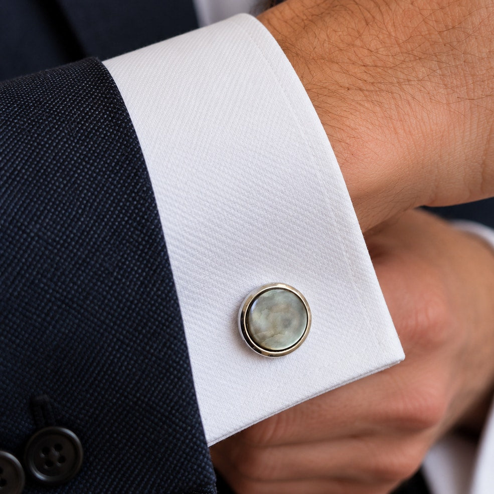 Vintage MCM Gray Mother of Pearl Cufflinks | Silver Tone Round Quiet Luxury