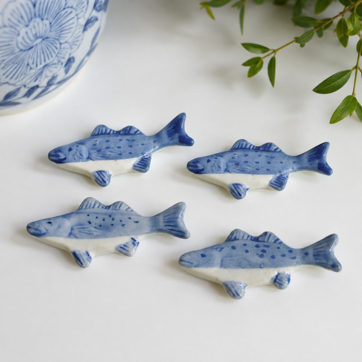 1970s Blue & White Fish Chopstick Rests (Set of 4)
