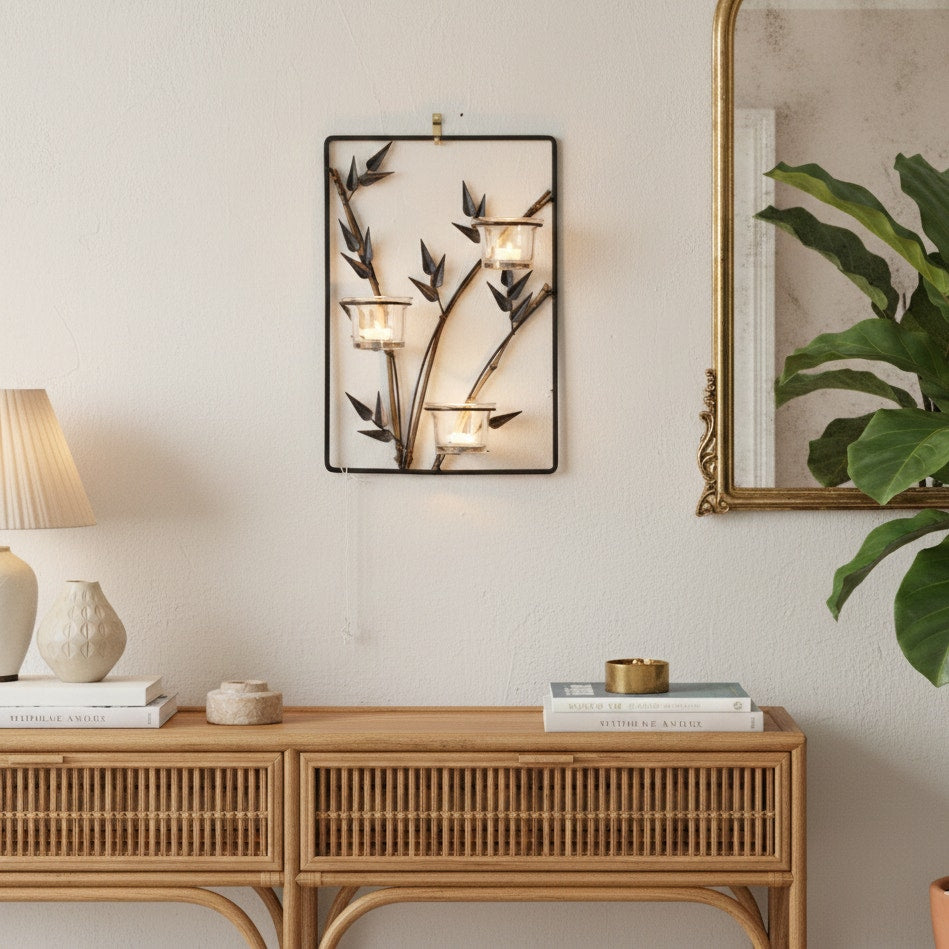 Vintage Bamboo & Metal Wall Candle Holder – 1970s Triple Glass Votive Sconce