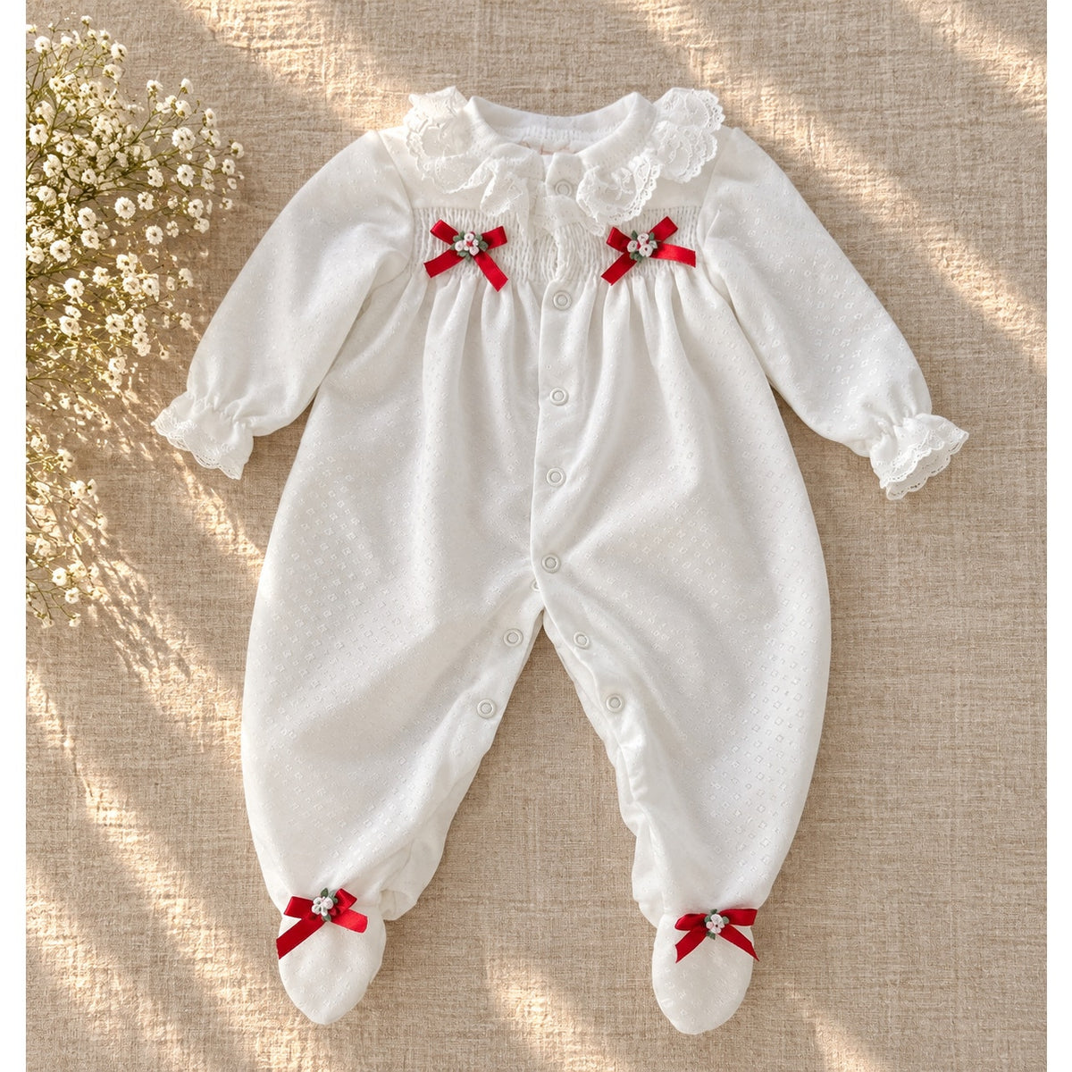 Vintage BabyGro White Lace Footed Romper | 6-9M | 1980s Christmas Outfit