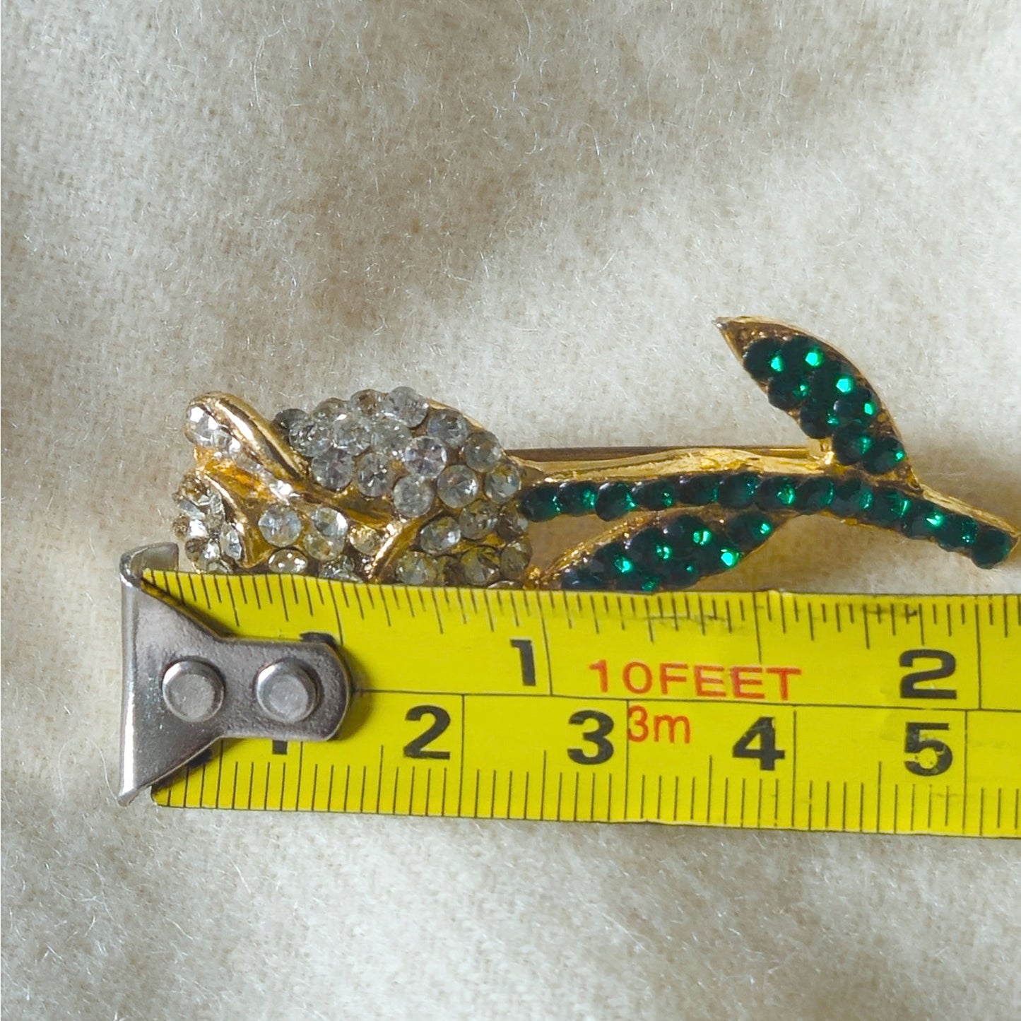 Vintage Jonette JJ Rose Brooch | 1980s Gold Tone Emerald Rhinestone Flower Pin