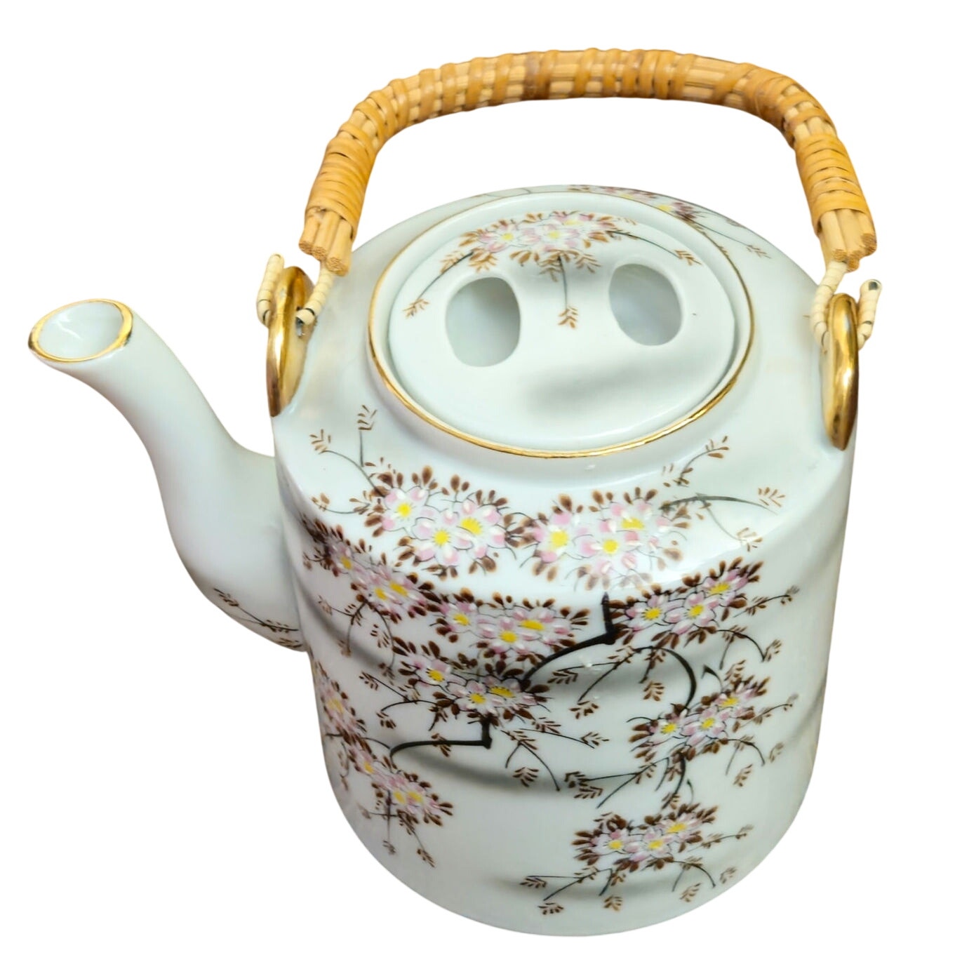 Mid-Century Japanese Cherry Blossom Porcelain Teapot with Rattan Handle | Vintage 1950s