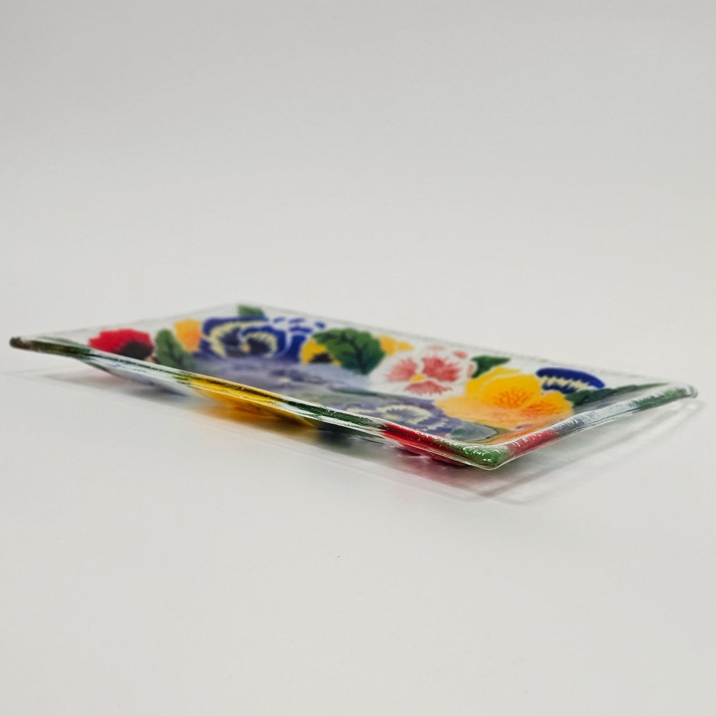 1990s Peggy Karr Pansies Fused Art Glass Rectangular Tray Trinket Dish