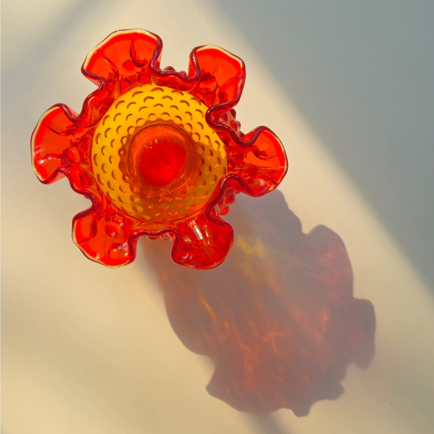 Vintage Amberina Hobnail Glass Rose Bowl