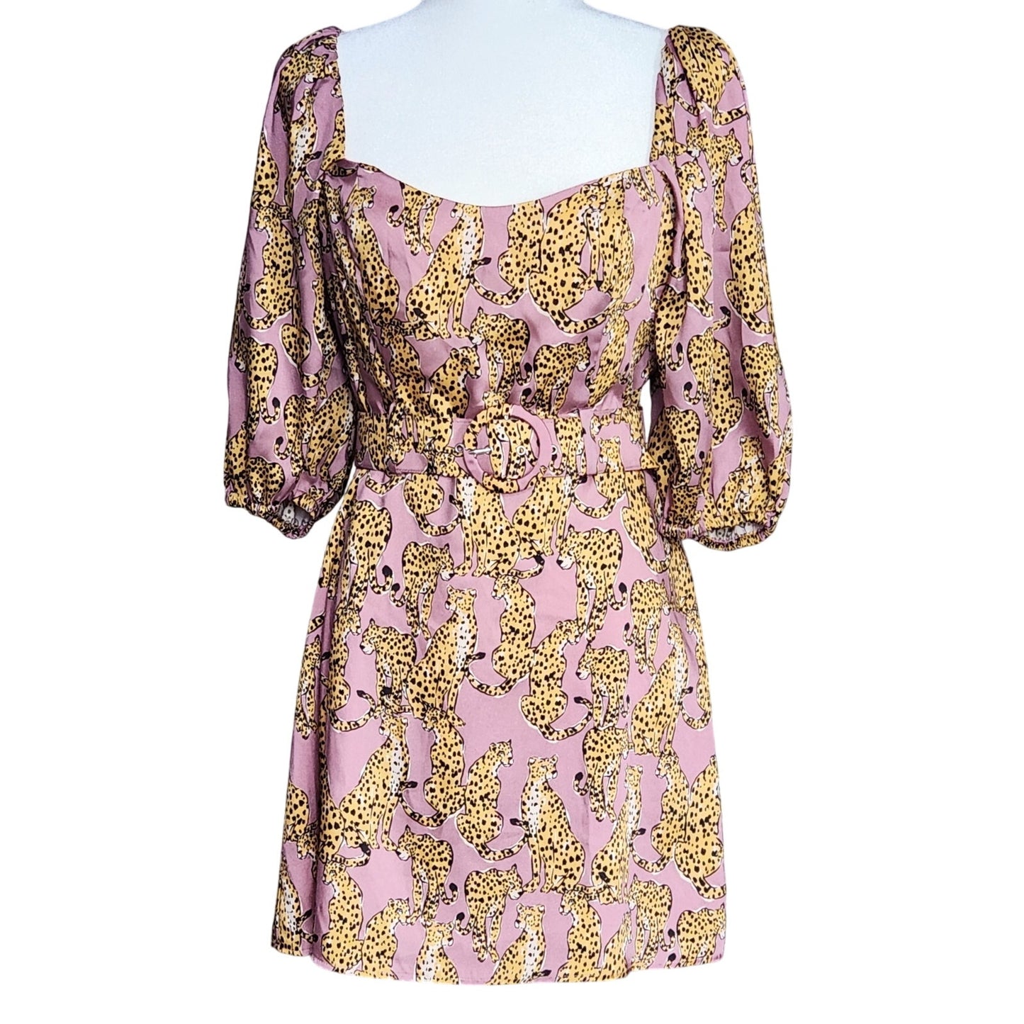Lavender Brown Mauve Pink Cheetah Print Mini Belted Dress – Women's S