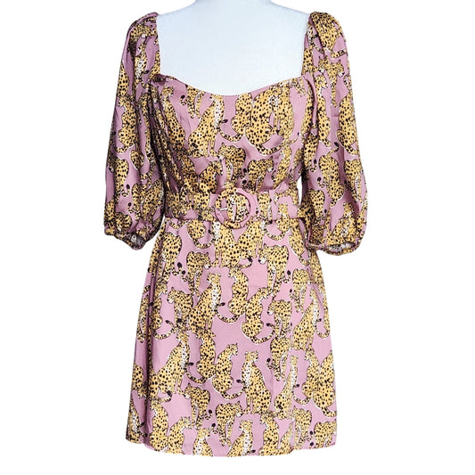 Lavender Brown Mauve Pink Cheetah Print Mini Belted Dress – Women's S