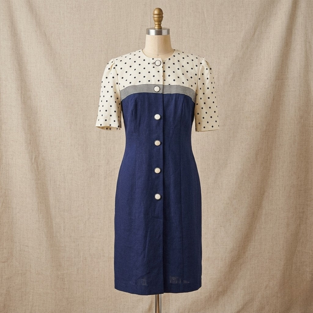 1990s Damon Petite Navy & White Polka Dot Sheath | Women's 10