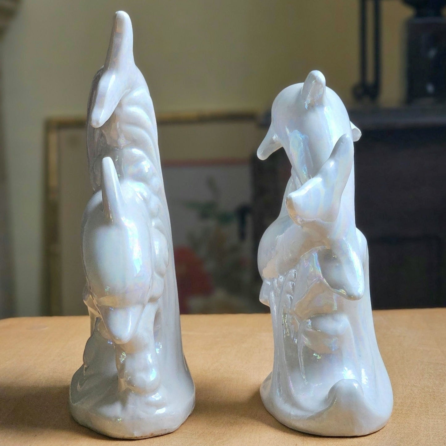 Pair of Vintage 1980s Iridescent Dolphin Figurines