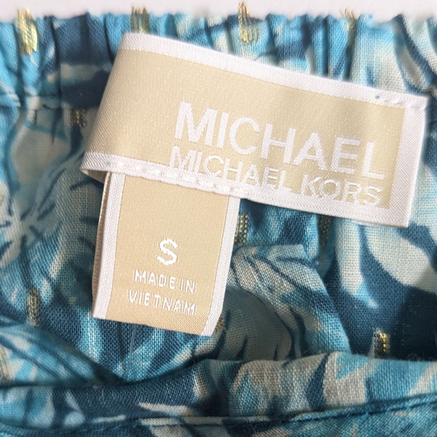 Michael Kors Off Shoulder Metallic Gold Detail Floral Blouse in Nassau Teal Size S