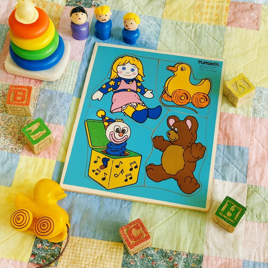 Vintage 1986 Playskool Wooden Puzzle – “Playthings” 4-Piece Toy Theme – Toddler Learning Puzzle – Ages 1-3 – Collectible Retro Nursery Décor