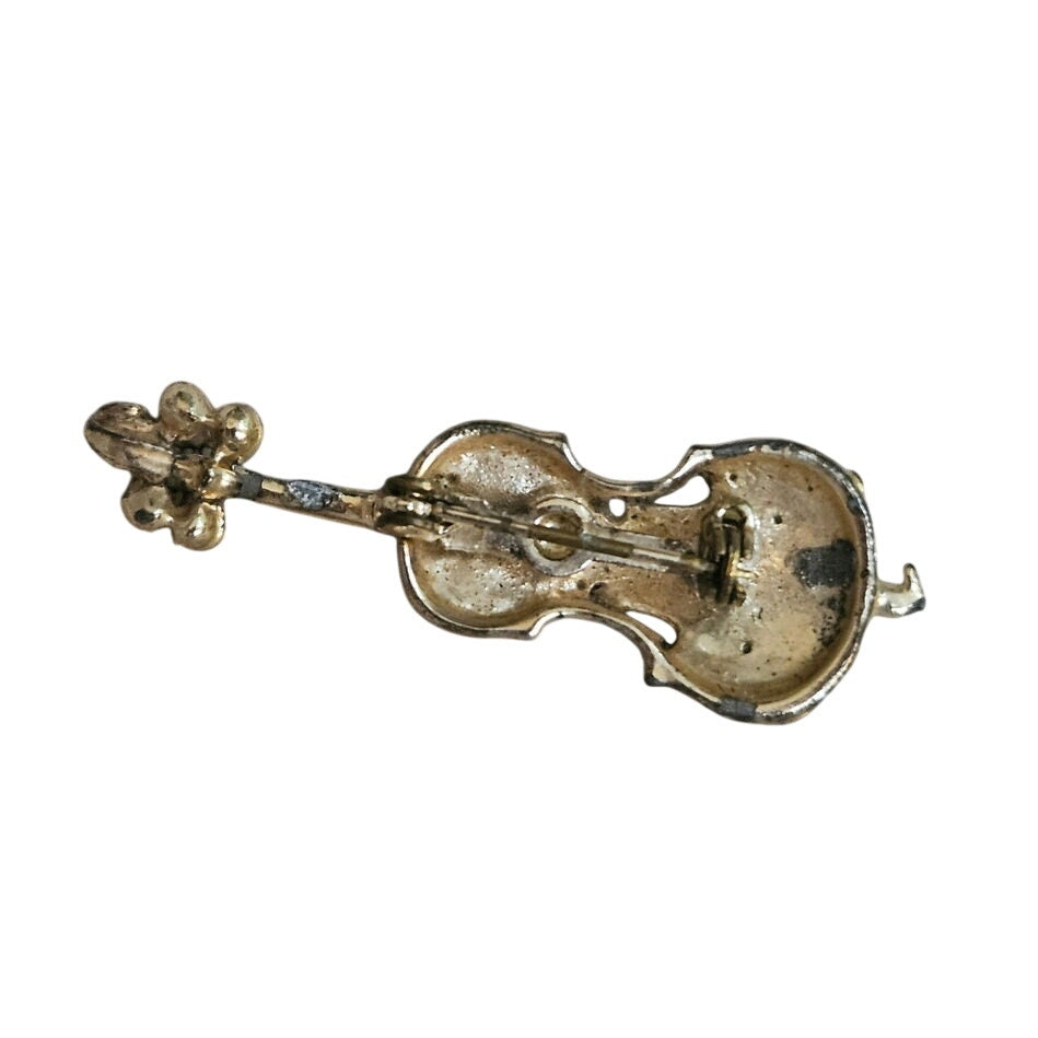 Mid-Century Gold Tone Violin Brooch with Blue Rhinestones