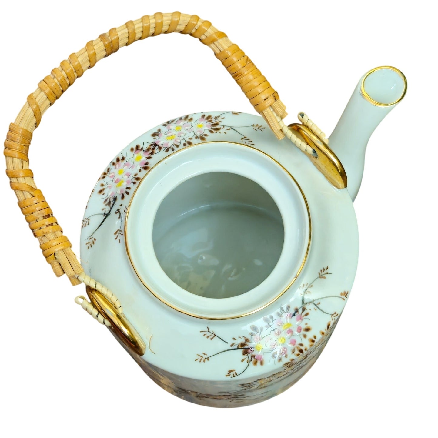 Mid-Century Japanese Cherry Blossom Porcelain Teapot with Rattan Handle | Vintage 1950s