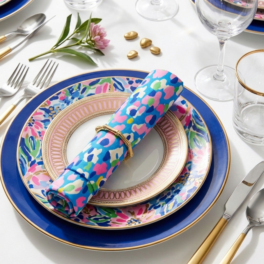 Lilly Pulitzer Hottie Dottie Blue & Pink Napkins & Bamboo Rings