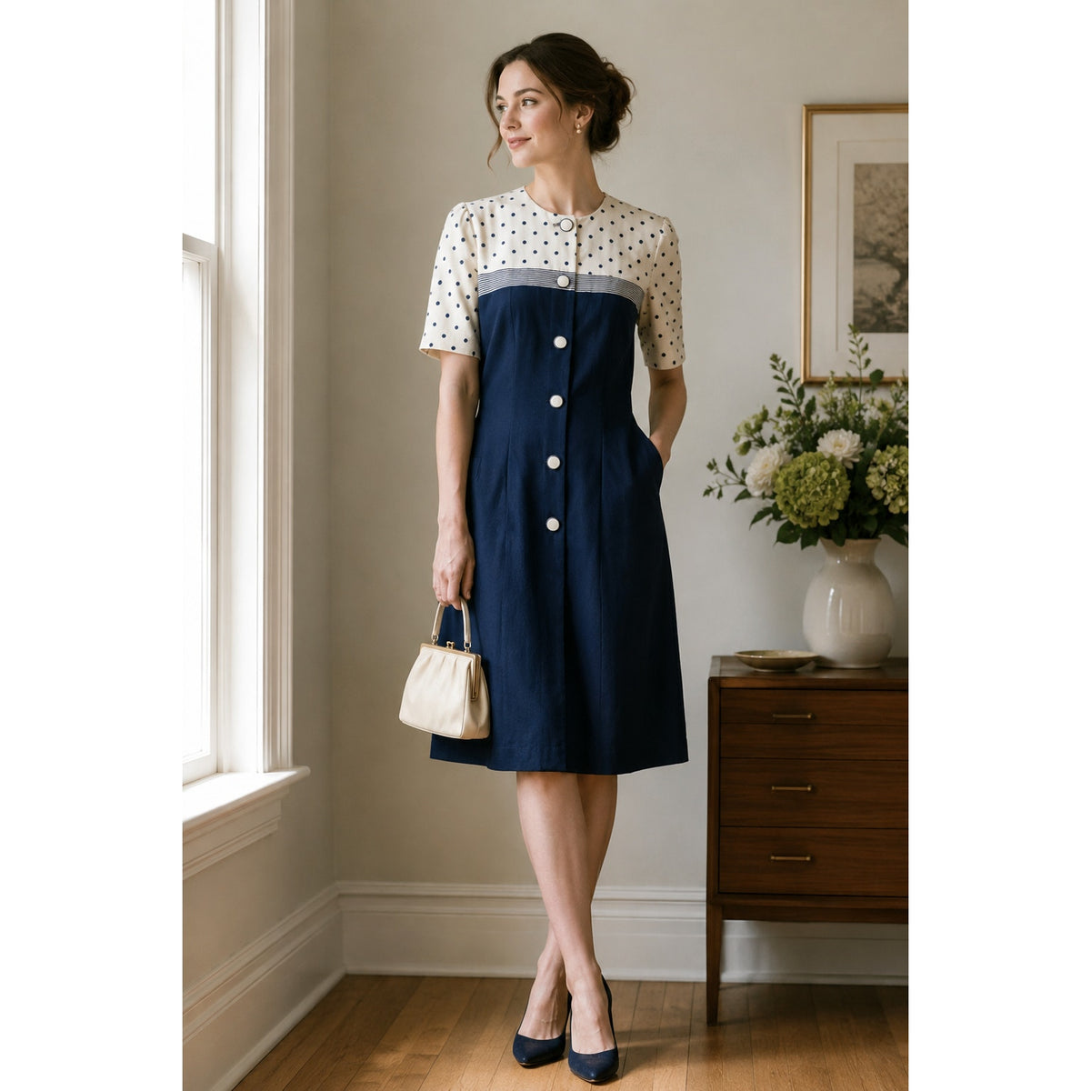 1990s Damon Petite Navy & White Polka Dot Sheath | Women's 10