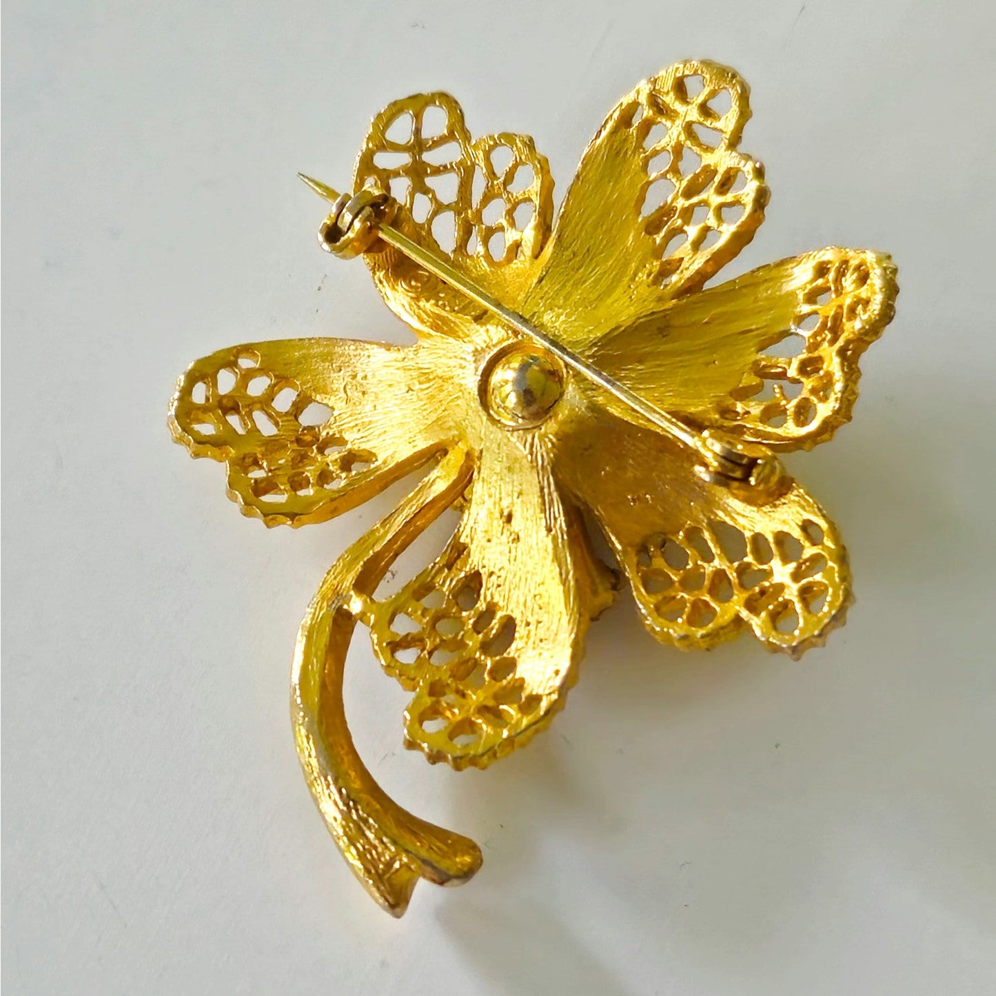 Vintage BSK Gold Tone  Flower Brooch | Mid Century Filigree Pearl Rhinestone Pin